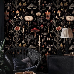 Mystical Dark Botanical Wallpaper, Magical Mushroom & Candle Wallpaper, Flower Woodland Peel and Stick Wallpaper, Dark Whimsical Wall Mural