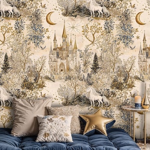 Gold Medieval Castle Wallpaper Mural, Fairytale Forest Wallpaper, Celestial Unicorn Peel and Stick Wallpaper, Beige Mystical Botanical Mural