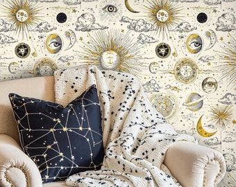 Celestial Wallpaper: Mystical Sun, Moon & Stars - Peel and Stick Mural