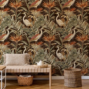 Tropical Heron Wallpaper Mural, Lush Jungle Foliage Botanical Mural, Exotic Bird Botanical Peel and Stick Wallpaper, Brown Floral Wall Mural