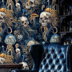 An elegant sitting area is transformed by the wallpaper’s gothic undersea vibe. The dark skull and jellyfish pattern wraps the room in dramatic, artistic flair, creating an intimate sanctuary brimming with deep-sea mystery and bold character.