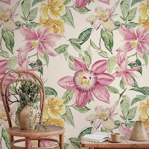 Floral Elegance Wallpaper Mural, Pink Flower Wallpaper, Vibrant Watercolor Botanical Peel and Stick Wallpaper, Vintage Flower Wallpaper