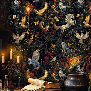 Mystical Night Wallpaper, Enchanted Medieval Forest Fantasy Mural, Magical Unicorn Peel and Stick Wallpaper, Dark Whimsical Botanical Mural