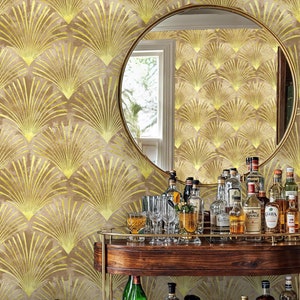 Art Deco Gold Fan Wallpaper, Abstract Peel and Stick Wallpaper, Vintage Wallpaper Mural, Fan Pattern Wall Mural, Taupe and Gold Wall Mural