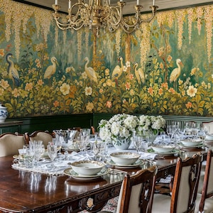 Chinoiserie Crane & Wisteria Wall Mural: Peel and Stick Blossoms Wallpaper