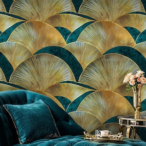 Teal and Gold Art Deco Wallpaper, Abstract Peel and Stick Wallpaper, Vintage Wallpaper, Fan Pattern Wall Mural, Art Deco Vintage Wall Mural