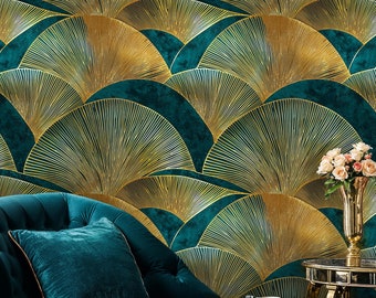 Teal and Gold Art Deco Fan Wallpaper - Peel and Stick Mural