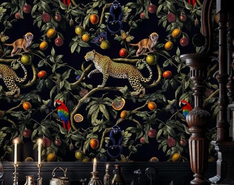 Dark Jungle Wallpaper Mural: Exotic Leopard, Parrot & Monkey Peel and Stick