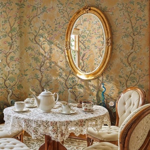 Chinoiserie Floral Peel and Stick Wallpaper, Vintage Tree and Bird Wallpaper, Yellow Peony Wallpaper, Luxury Chinese Bird and Flower Mural