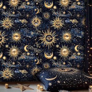 Dark Mystical Celestial Wallpaper, Navy Blue and Gold Peel and Stick Wallpaper, Sun Moon & Stars Mural, Cosmic Galaxy Mural, Space Wallpaper