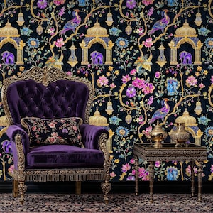 Dark India Botanical Wallpaper Mural: Exotic Floral Peel and Stick
