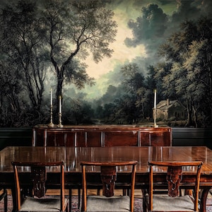 Dark Forest Landscape Mural: Vintage Scenic Peel and Stick Wallpaper