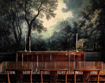 Dark Forest Landscape Mural: Vintage Scenic Peel and Stick Wallpaper