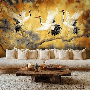 Chinoiserie Peel and Stick Wallpaper, Gold Vintage Crane Wallpaper, Elegant Pine Branches with Crane Wallpaper, Luxury Gold Crane Wall Mural