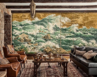 Gold Japanese Wave Peel and Stick Wallpaper: Teal Ocean Mural
