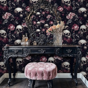 Dark Floral with Skull Wallpaper, Gothic Wallpaper Peel and Stick, Vintage Gothic Peony Wall Mural, Skull and Flower Wallpaper, Skull Mural