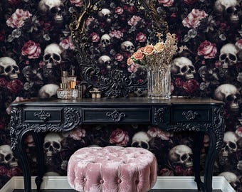 Dark Floral Skull Wallpaper: Gothic Peel and Stick Wall Mural