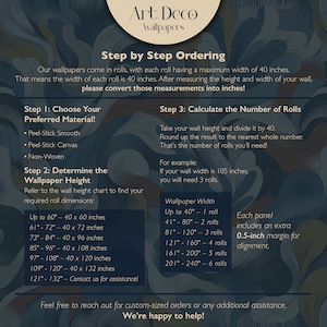 May include: A step-by-step guide for ordering Art Deco wallpaper. The guide includes instructions on how to measure your wall, choose the right material, and calculate the number of rolls needed. The guide also includes a chart showing the wallpaper width and the corresponding number of rolls needed.