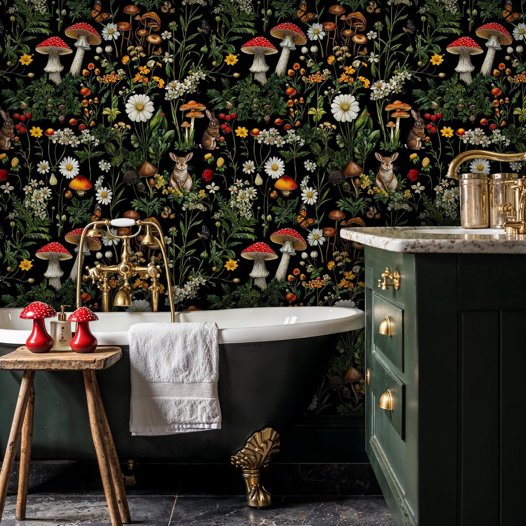 Mushroom Forest Wallpaper: Vintage Botanical Peel and Stick Wall Mural ...