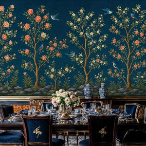 Dark Navy Chinoiserie Peel and Stick Wallpaper: Birds & Blossoms Mural