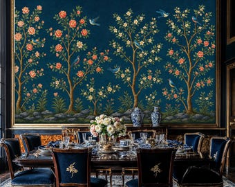 Dark Navy Chinoiserie Peel and Stick Wallpaper: Birds & Blossoms Mural