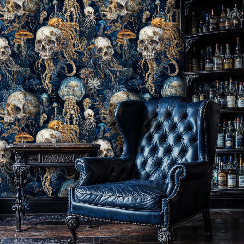 An elegant sitting area is transformed by the wallpaper’s gothic undersea vibe. The dark skull and jellyfish pattern wraps the room in dramatic, artistic flair, creating an intimate sanctuary brimming with deep-sea mystery and bold character.