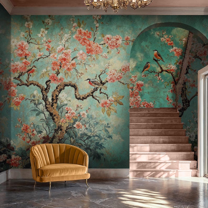 Vintage Chinoiserie Peel and Stick Wallpaper: Birds & Blossom Mural - Etsy