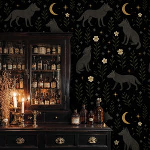 Dark Wolf Moon Wallpaper, Mystical Floral Forest Fantasy Mural, Gothic Celestial Peel and Stick Wallpaper, Dark Whimsical Botanical Mural