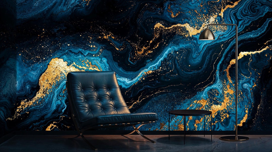 Navy Blue and Gold Marble Peel and Stick Wallpaper: Abstract Mural - Etsy