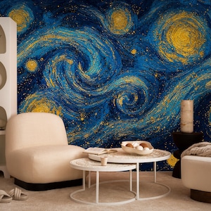 Starry Night Peel and Stick Wallpaper, Navy Blue and Gold Wallpaper, Artistic Dark Blue Painting Wallpaper, Luxury Abstract Painting Mural