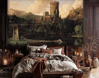 Castle Landscape Mural: Vintage Sepia Historic Ruins Peel and Stick Wallpaper
