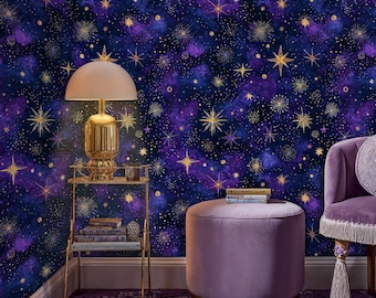 Celestial Starry Night Wallpaper: Purple Galaxy Peel and Stick Mural