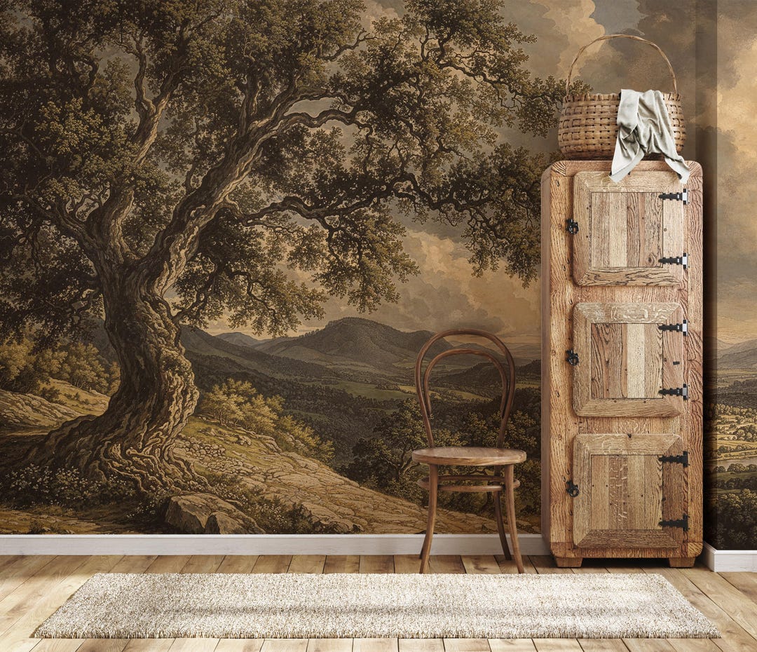 Vintage Tree Landscape Wallpaper Mural - Scenic Peel and Stick - Etsy