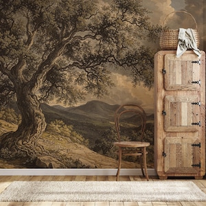 Vintage Scenic Landscape Wallpaper, Tree Landscape Wall Mural Peel and Stick, Removable Vintage Landscape Mural, Scenic Wallpaper with Trees