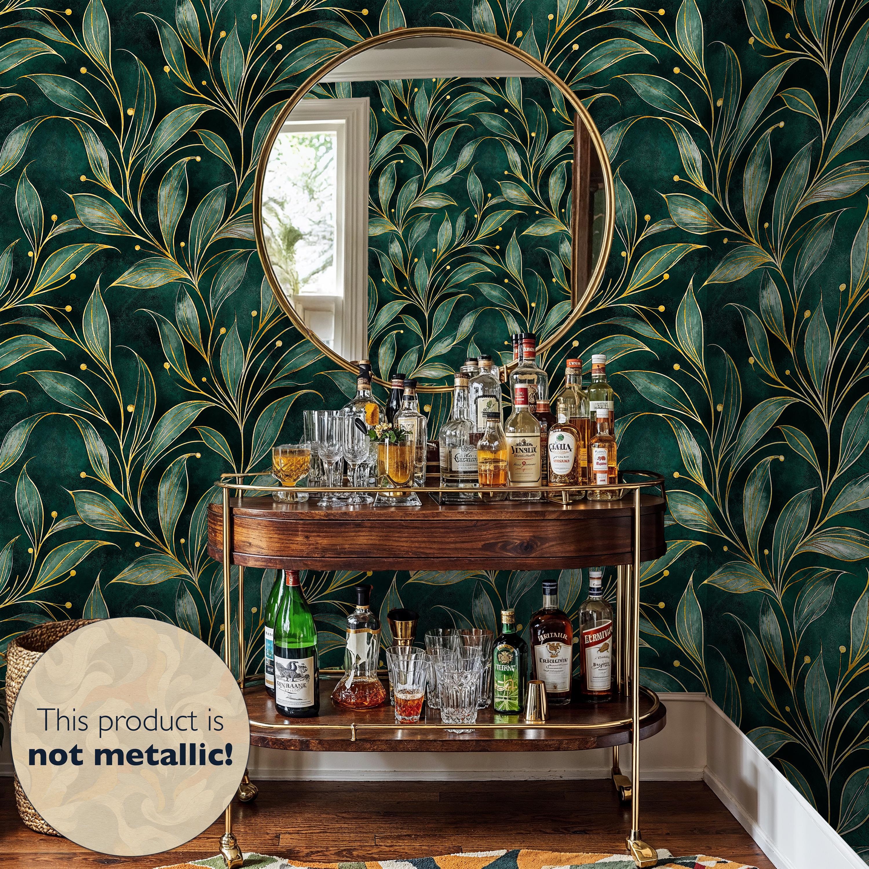 Botanical Art Deco Wallpaper: Gold Leaf Pattern, Dark Green Mural (peel