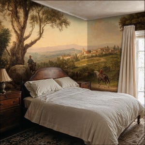Rustic Vintage Landscape Wallpaper, Countryside Horse Wall Mural Peel and Stick, Painting Landscape Mural, Rural Scenic Wallpaper with Trees