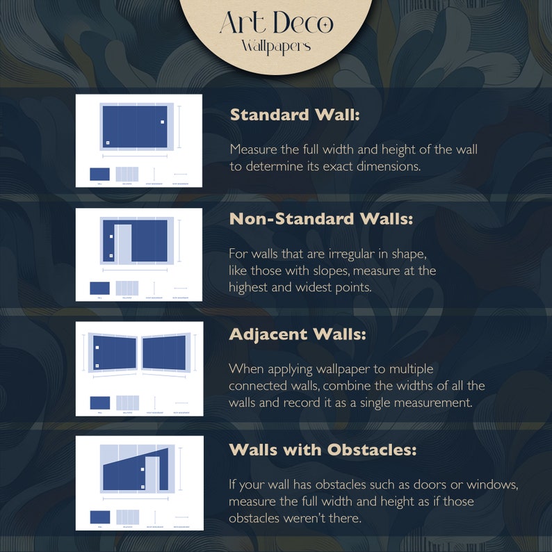 May include: A guide to measuring walls for wallpaper, with illustrations showing how to measure standard, non-standard, adjacent, and walls with obstacles. The text includes the words "Art Deco Wallpapers".
