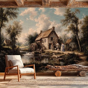 Rustic Watermill Landscape Wallpaper Mural: Vintage Pastoral Scene