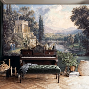 May include: A room featuring a large mural of a classical landscape with a piano and a green velvet bench. The mural depicts a temple, figures, and a bridge over a river. The room has dark green walls and a wooden floor.