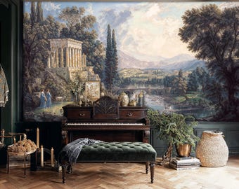 May include: A room featuring a large mural of a classical landscape with a piano and a green velvet bench. The mural depicts a temple, figures, and a bridge over a river. The room has dark green walls and a wooden floor.