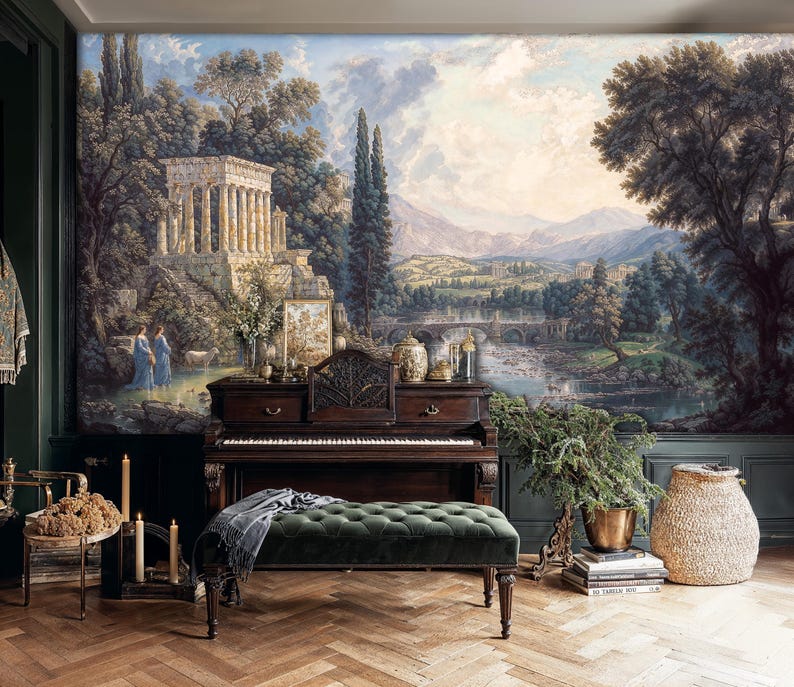 May include: A room featuring a large mural of a classical landscape with a piano and a green velvet bench. The mural depicts a temple, figures, and a bridge over a river. The room has dark green walls and a wooden floor.