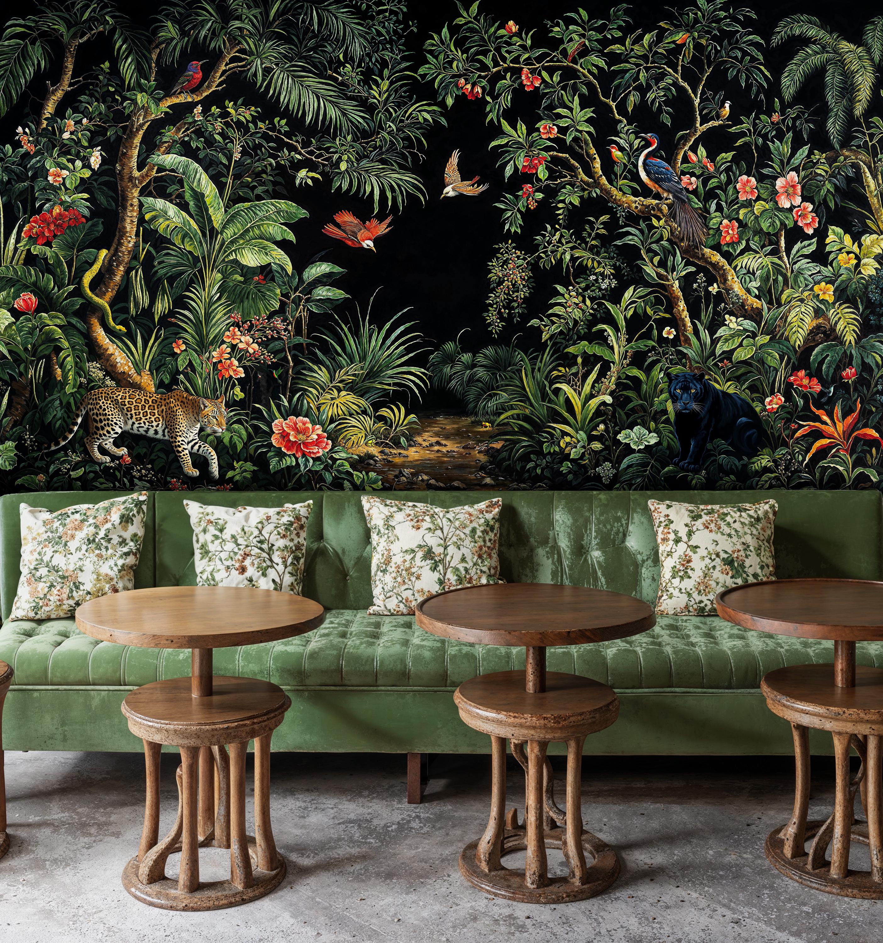 Dark Jungle Wallpaper: Leopard & Floral Rainforest Mural (Peel and Stick)