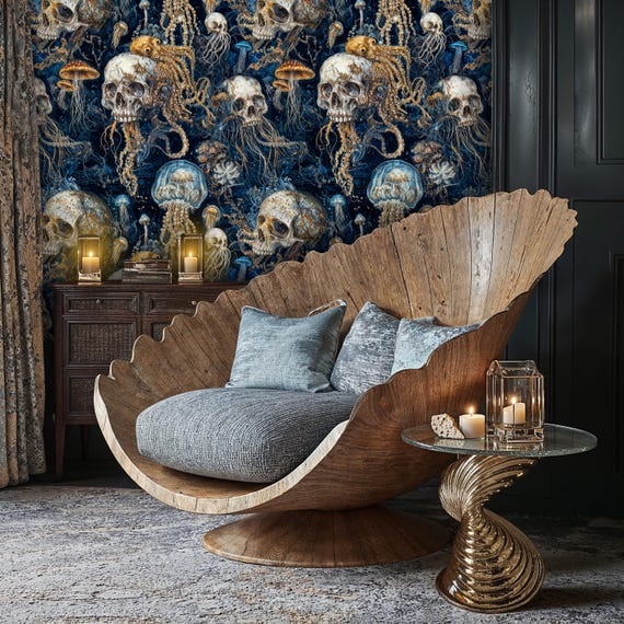 Dark Nautical Wallpaper: Gothic Deep-Sea Skull & Octopus Mural