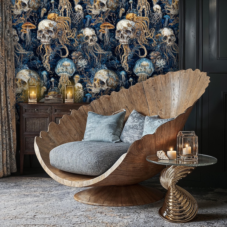 In a moody living room, this dark nautical gothic wallpaper becomes a dramatic focal point. Intricate skull and octopus motifs sprawl across midnight-blue walls, infusing the space with artistic depth and an immersive undersea atmosphere.