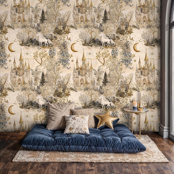 Gold Medieval Castle Wallpaper Mural, Fairytale Forest Wallpaper, Celestial Unicorn Peel and Stick Wallpaper, Beige Mystical Botanical Mural