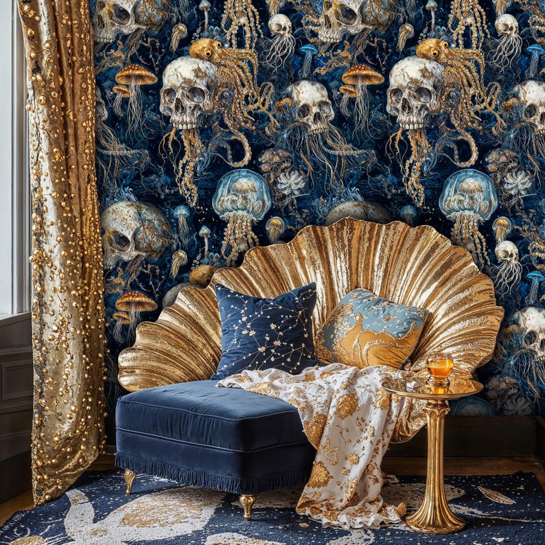 An upscale reading nook is imbued with theatrical elegance thanks to this wallpaper. Its dark oceanic scene—complete with skulls and swirling octopus tentacles—creates an unforgettable backdrop, sparking conversation and artistic admiration.
