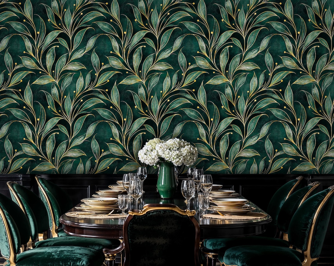 Botanical Art Deco Wallpaper: Gold Leaf Pattern, Dark Green Mural (peel