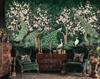 Dark Green Chinoiserie Wallpaper: Peacock & Blossom Tree Mural (Peel and Stick)