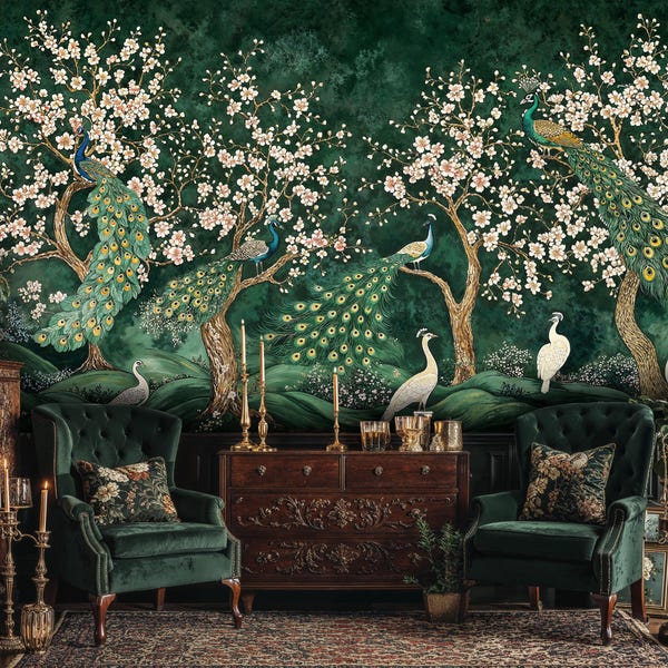 Dark Green Chinoiserie Wallpaper: Peacock & Blossom Tree Mural (Peel and Stick)