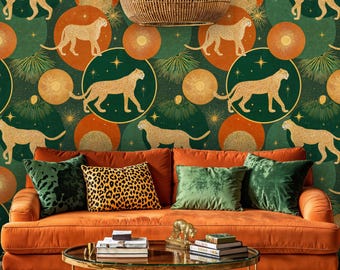 Leopard Celestial Peel and Stick Wallpaper: Jungle Glam Art Deco Mural